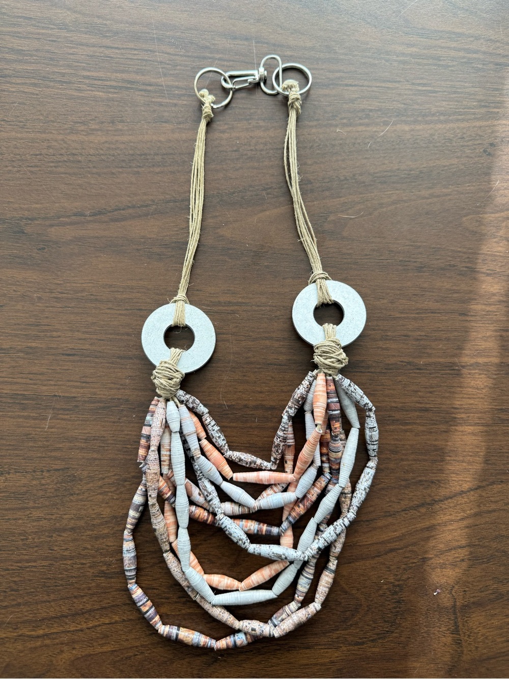 Handmade Boho Multi-Strand Paper Bead Statement Necklace in Neutral Tan & Coral